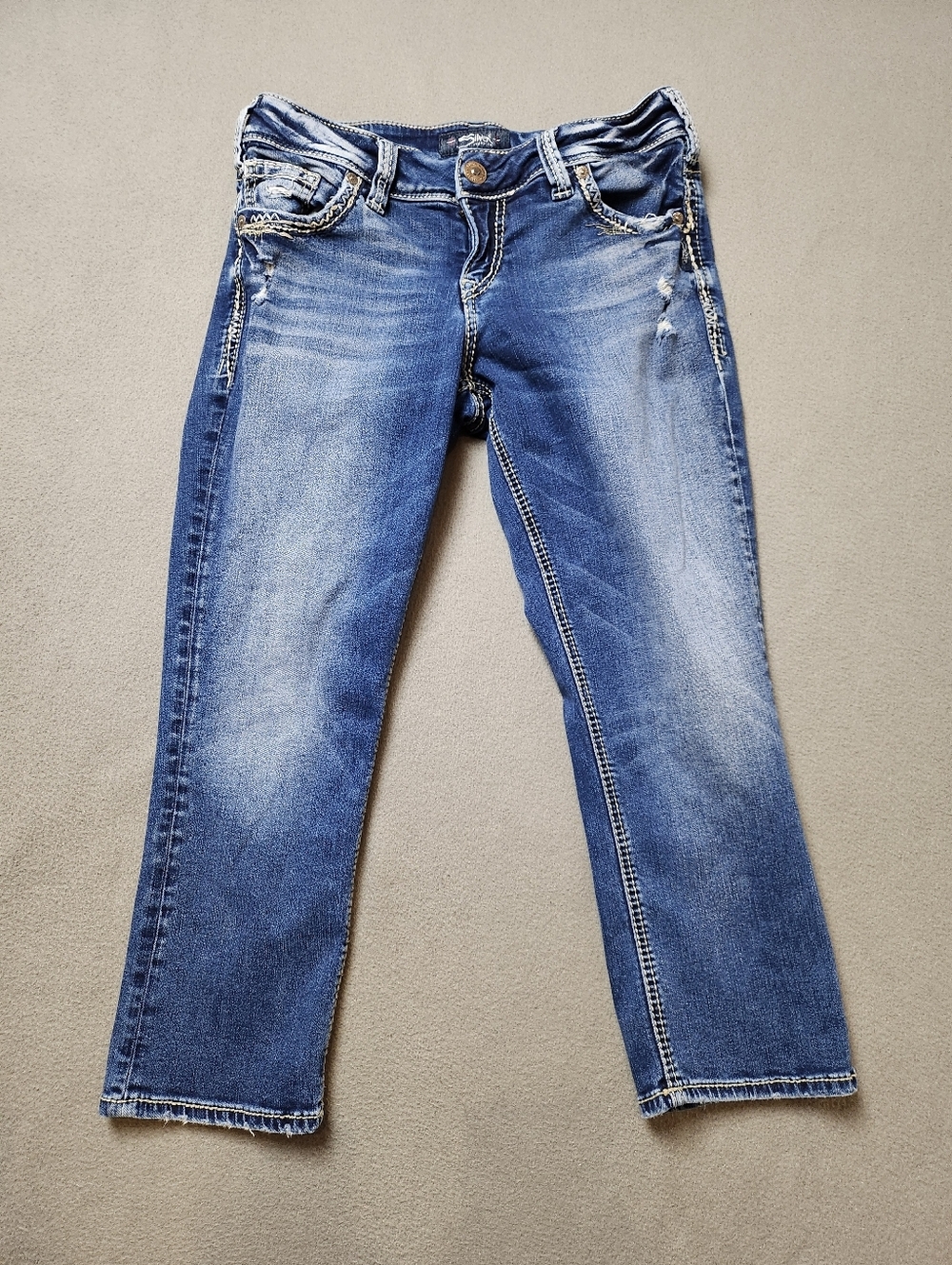Silver Jeans Elyse Blue Distressed Cropped Ankle Capri Jeans Sz 27